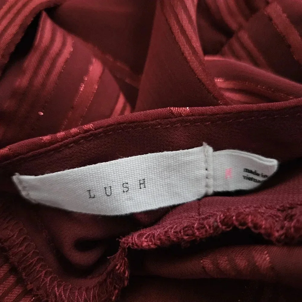 LUSH‎ Red Metallic Stripe Bell Sleeve V Neck Keyhole Blouse Top M - Picture 6 of 7